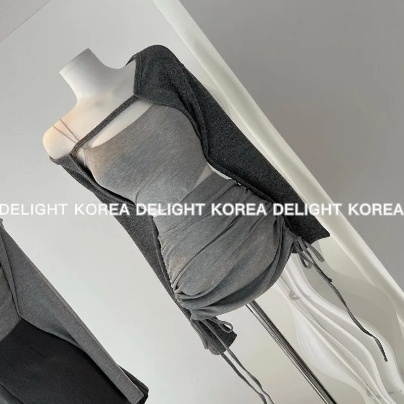 

Y2K Gothic Women's 3-Piece Dress Set Streetwear Skirt Sets Long-Sleeved Cardigan Cropped Top Drawstring Skirt Aesthetic Outfit