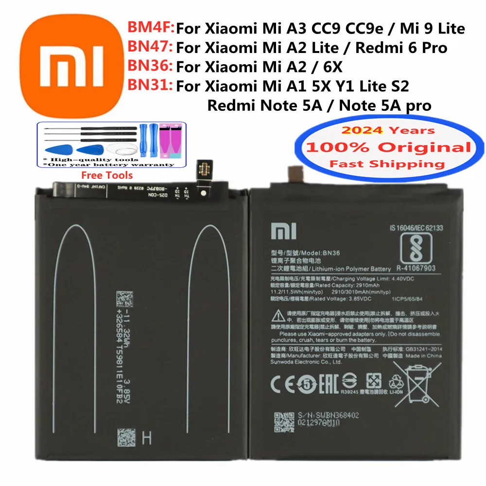 

New Original Phone Battery For Xiaomi Redmi 6 Pro Mi 9 A2 Y1 Lite CC9 CC9e 5X 6X S2 A3 A1 Redmi Note 5A Pro BN47 BN36 BN31 BM4F