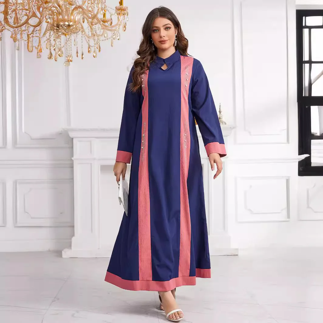 

Middle Eastern women's clothing color matching hot diamond round neck loose large size fashionable and comfortable dress long dr
