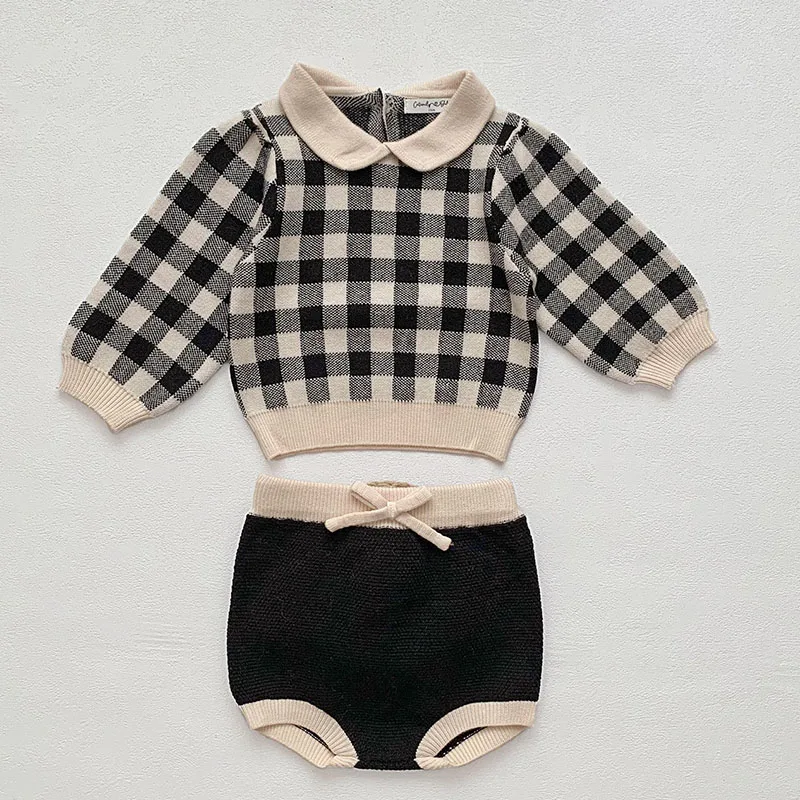 2024 New Autumn Infant Baby Girls Clothing Set Long Sleeved Lattice Knitted Pullover Sweater+PP Shorts Children Clothes Suit