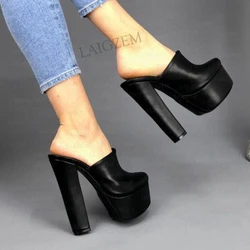 SEIIHEM Women Platform Pumps Round Toe Chunky Heeled Slides Mules Slip On Faux Leather Ladies Shoes Woman Big Size 41 43 44 52