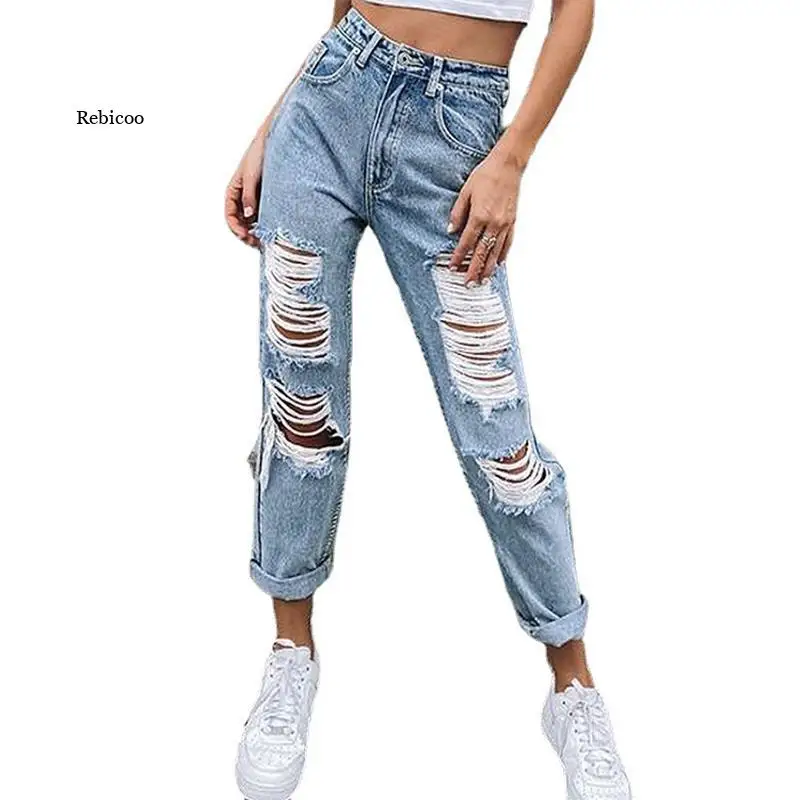 

Largesize Jeans Fall/Winter Fashion New High Waist Sexy Washed Ripped Holes Slim Torn Stretch Pants Jeans Women