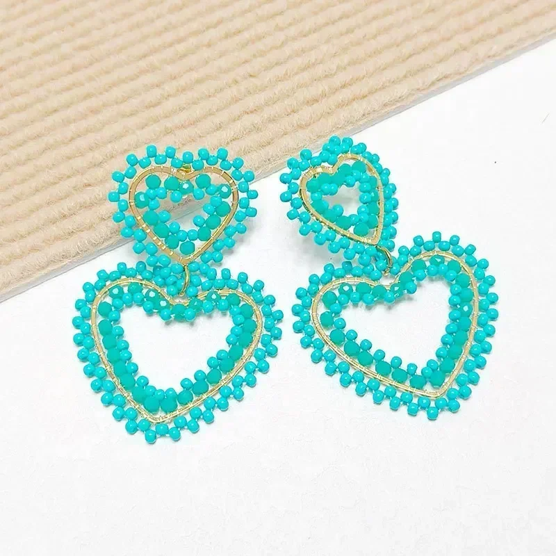 ZGMXR Bohemia Double-Deck Heart-Shaped Bead Earrings with Hand-Knitting Graph Crystal Versatile Beaded Female Jewelry