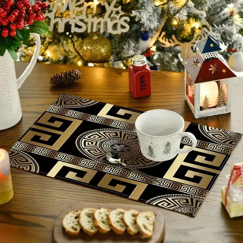 1/4/6/8pcs Placemats Light Luxury Black Golden Table Mats Greece Geometric Printed Rectangle Waterproof Table Pad Room Decor