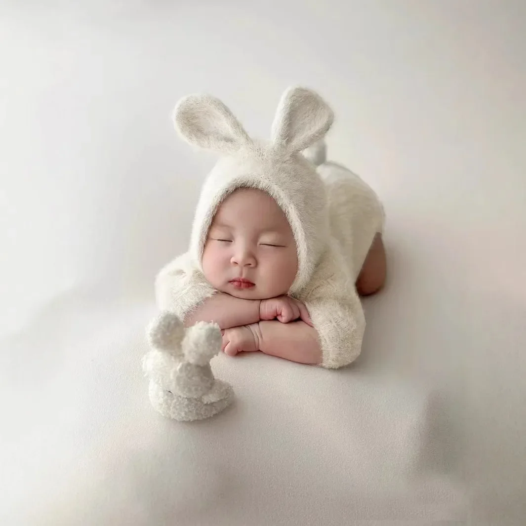 Newborn Photography Props Knitted Outfit Rabbit Doll Baby Cosplay Glasses Baby Photoshoot Props Accessories