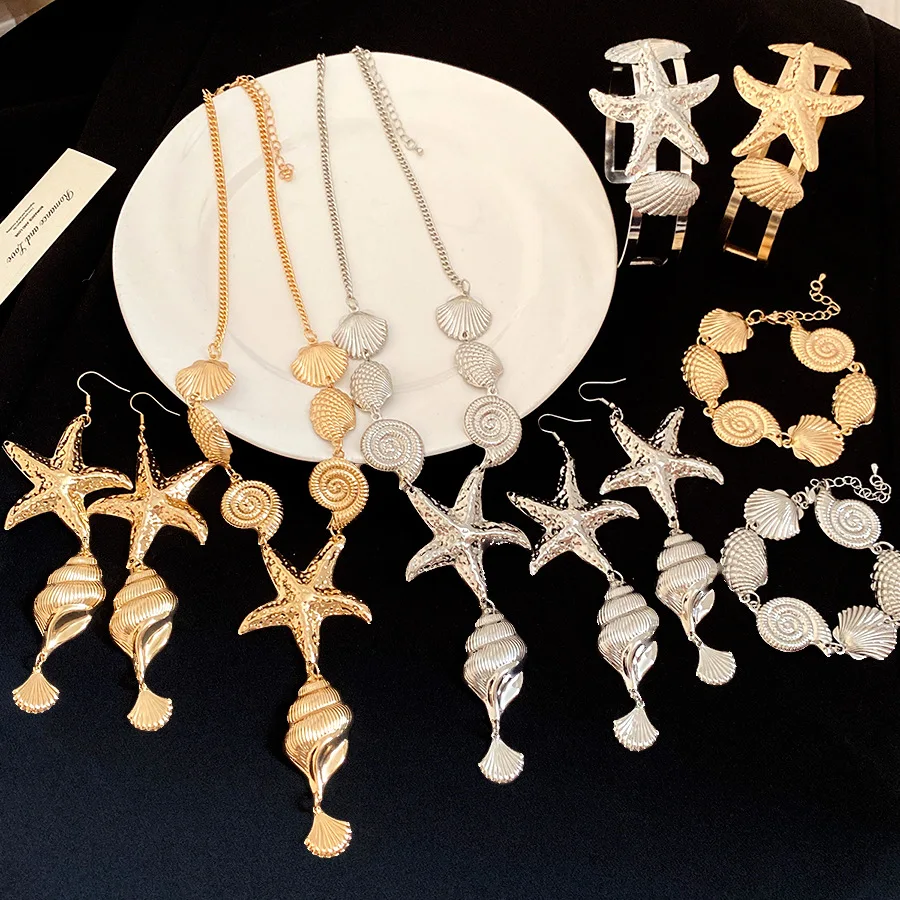 Gold Silver Color Ocean Shell Starfish Chokers Necklaces Bohemian Textured Starfish Conch Pendant Necklace Charms Jewelry New M