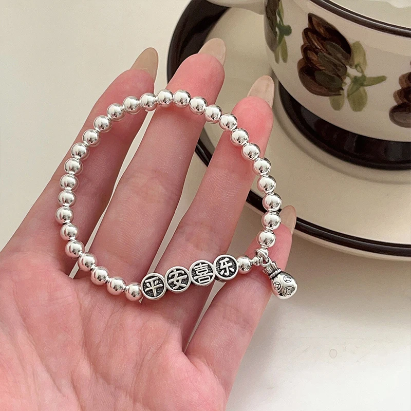 S925 Sterling Silver Ping An Joyful Bracelet for Female Minority Light Luxury Fashion Retro Ins Style Design Feel Handicraft