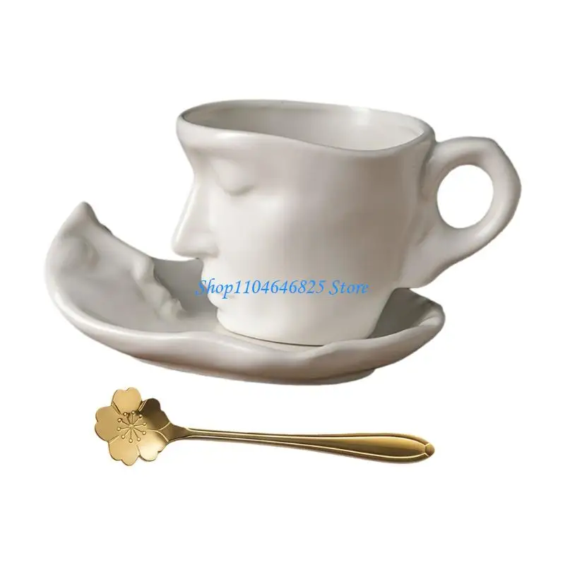 

Ceramic Mug with Artistic Abstract Kiss Couple Design Coffee Cup and Saucer Spoon Set for Valentines Wedding Gift