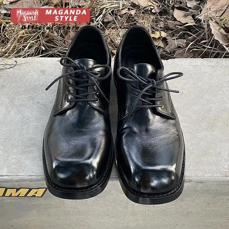 Washed A-level cowhide square toe derby shoes for men with thick soles elegant patent leather casual leather shoes retro style