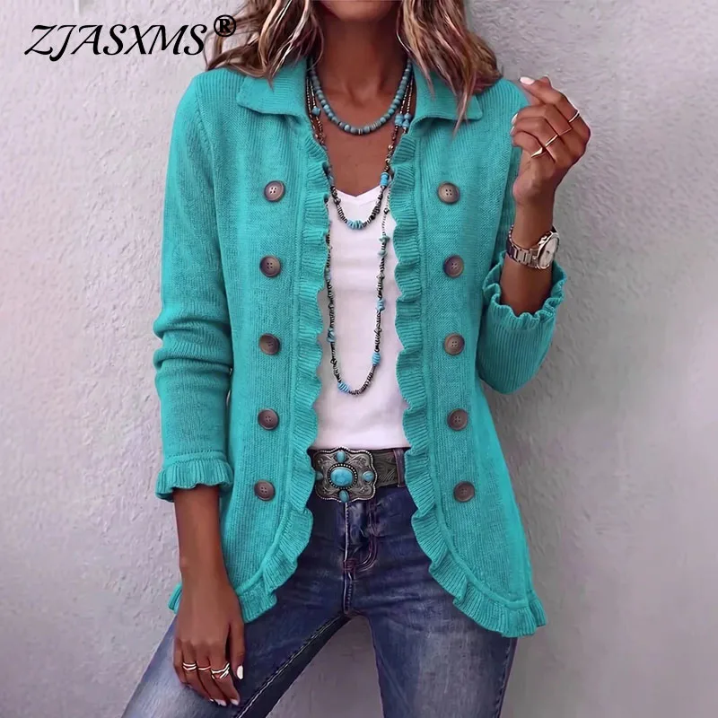 Women Knit Cardigan Sweater Lapel Collar Solid Ruffle Trim Button Long Sleeve Loose Coat Casual Boho Fall Winter Daily Outerwear