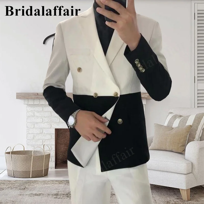 

Bridalaffair Black And White Stitching 2022 Fashion New Men Business Double Breasted Two Button Suit Coat Male Slim Wedding 2Pcs