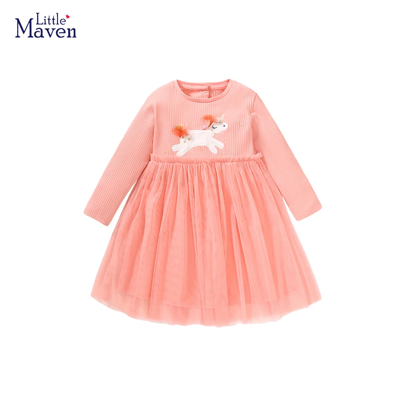 Little maven 2023 Children\'s Clothing for Girls Cotton Cartoon Unicorn Dress Spring  Autumn Clothes Kids 2-7 year Baby Girls