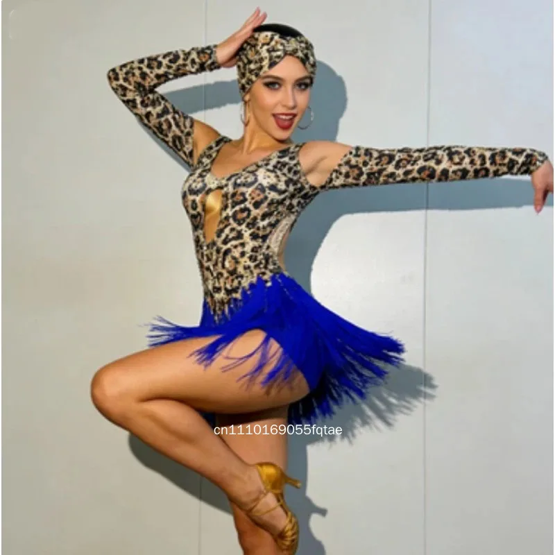 Women Latin Dance Dress High-End Customized AB Stone Sexy Leopard Print Fringe Adult Competition Ballroom Performance Costume