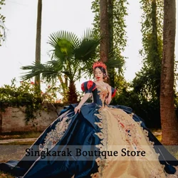 Satin Deep Blue Quinceanera Dress 2026 Glitter Crystal Lace Beading Decal Long tail Bow vestidos de 15 Quinceanera Customized