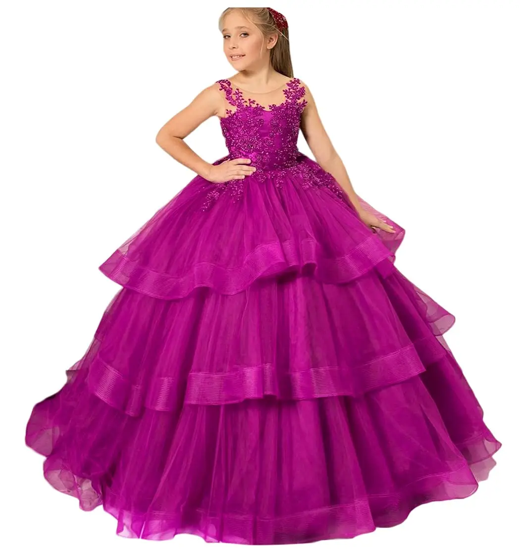 Abiti da ragazza di fiori senza schienale Appliques di perline abito da spettacolo in Tulle arruffato per bambini piccoli/grandi abiti da festa di compleanno principessa