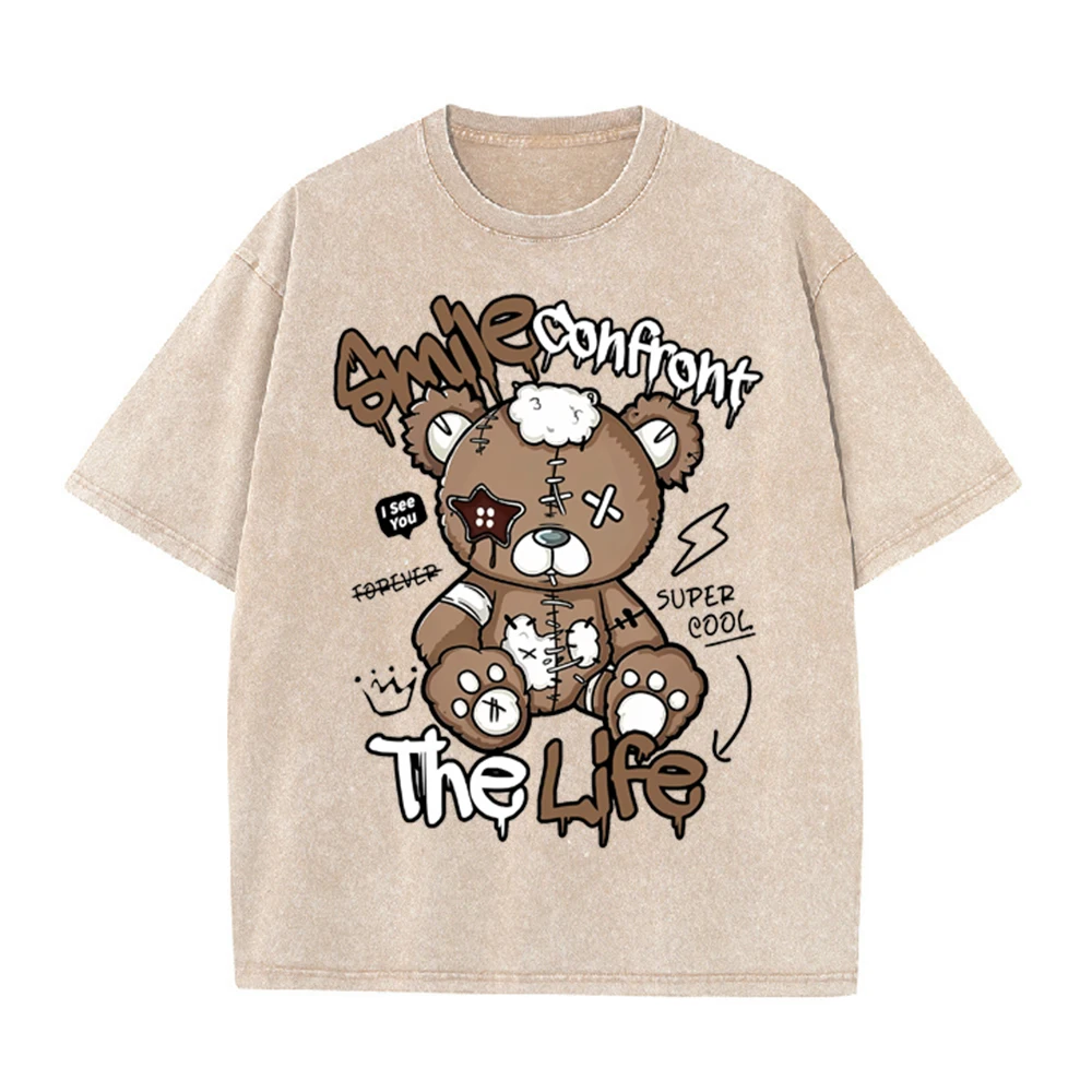 2026 Vintage Washed Beige Stitched Bear Graphic T Shirt Graffiti Letter Print Oversized Streetwear Casual Short Sleeve Tee