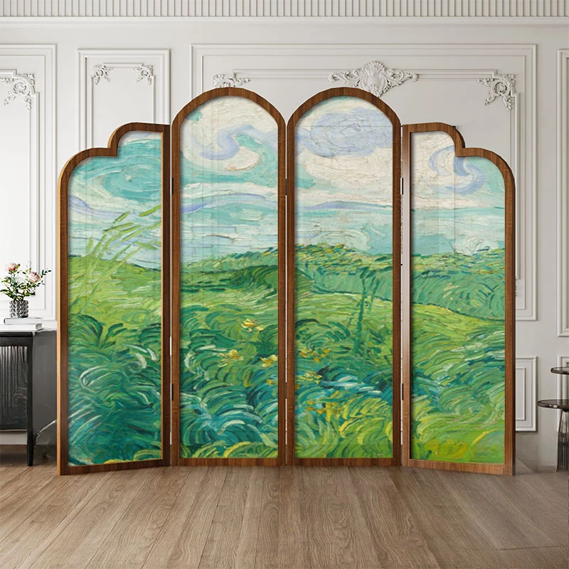 French medieval grassland solid wood foldable screen partition guest dining room bedroom decorative sofa background wall folding