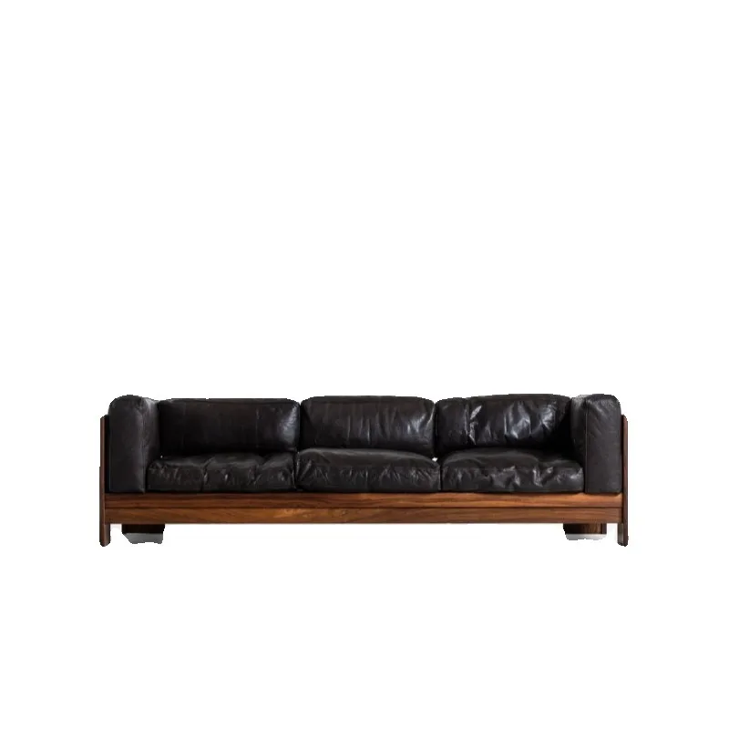 Medieval log base, black leather art sofa, living room, bedroom, small apartment, multi-person straight-row ash wood sofa