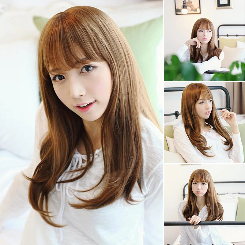Fashion Long Straight Wig for Woman Daily Wear and With Short Bangs High Temperature Wire Natural High Density Hair Wigs