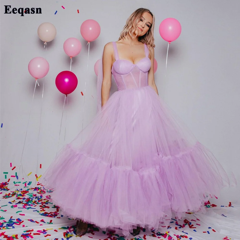 

Eeqasn Simple Lilac Midi Formal Prom Dresses Women Party Gowns Straps Lace Up Back Botted Bones Ankle-Length Pleat Evening Dress