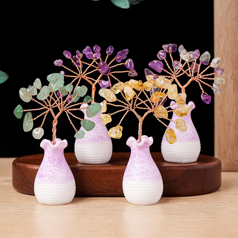 7cm Mini Natural Crystal Tree Handmade Wire Wrapped Gemstone Money Tree in Ceramic Vase for Desktop Decoration & Good Luck