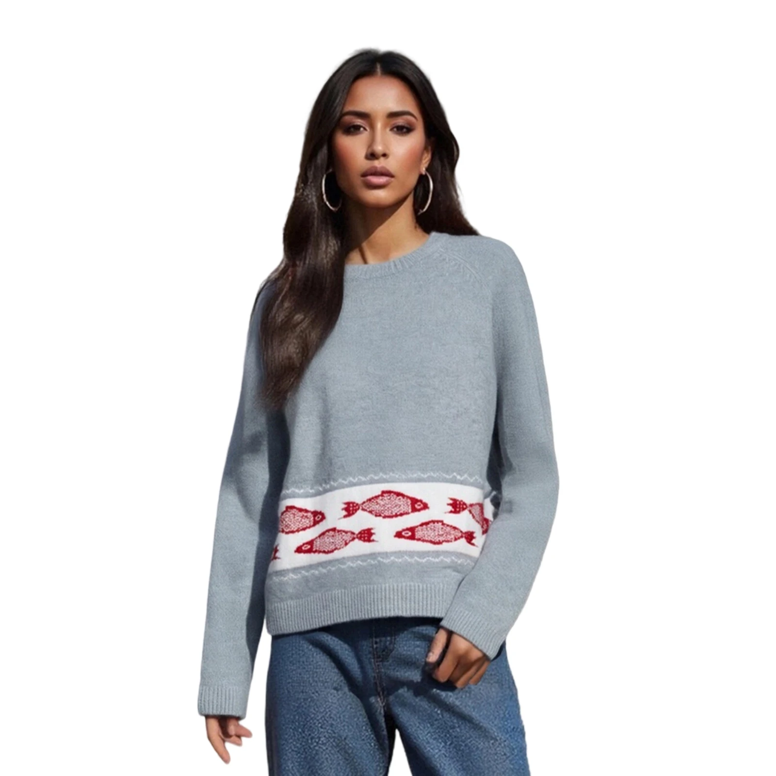 

Женский вязаный свитер с длинным рукавом и круглым вырезом, пуловер с рыбой, теплый свитер на осень-зиму