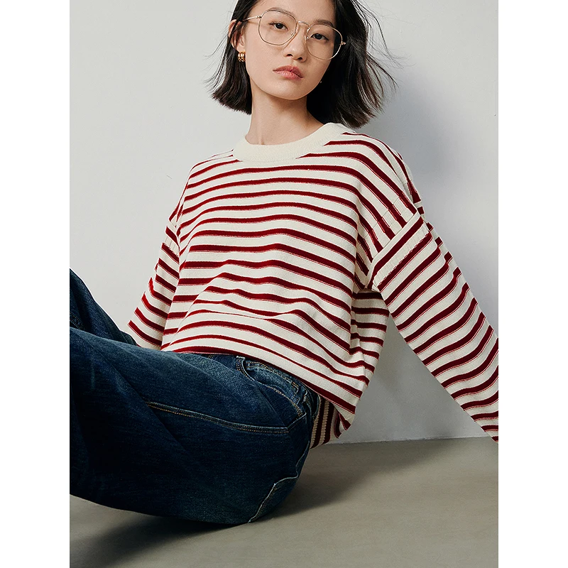 TOYOUTH Women Sweater 2024 Spring Long Sleeve O Neck Loose Knitwear Classic Striped Warm Soft Clothes Loose Tops As Gift