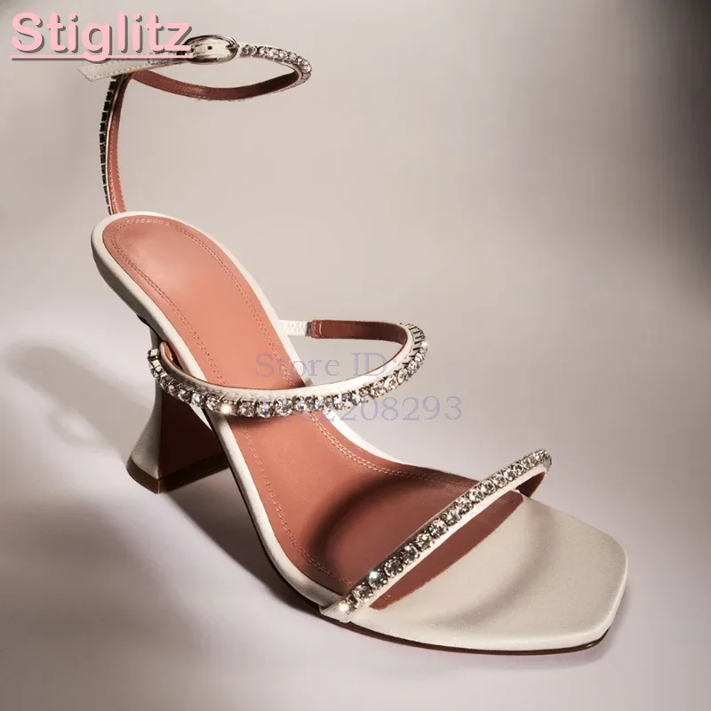 Square Toe Rhinestone Strap High Heeled Sandals Satin Rose Red Crystal Ankle Strap Wine Glass Heels 2026 Summer New Women Shoes