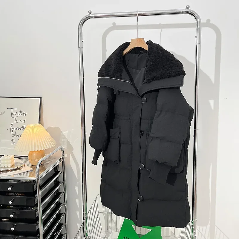 Winter Warm Thick Long Puffer Jacket Patchwork Cotton Coat Over The Knee Parkas Korean Chic Coat Windproof Windbreaker New