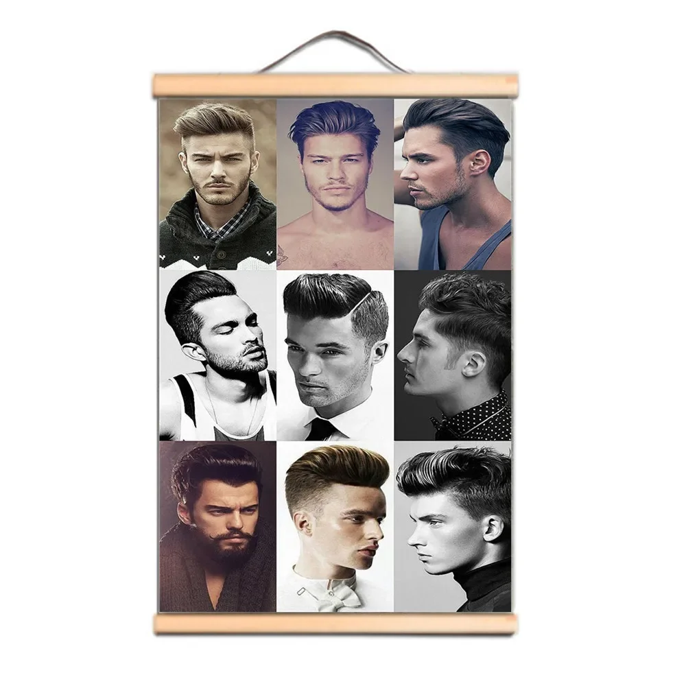 Vintage Wall Art Poster for Barber Shop Decoration - Wooden Canvas Scroll Painting Wall Charts of Classic Men's Short Hair B2