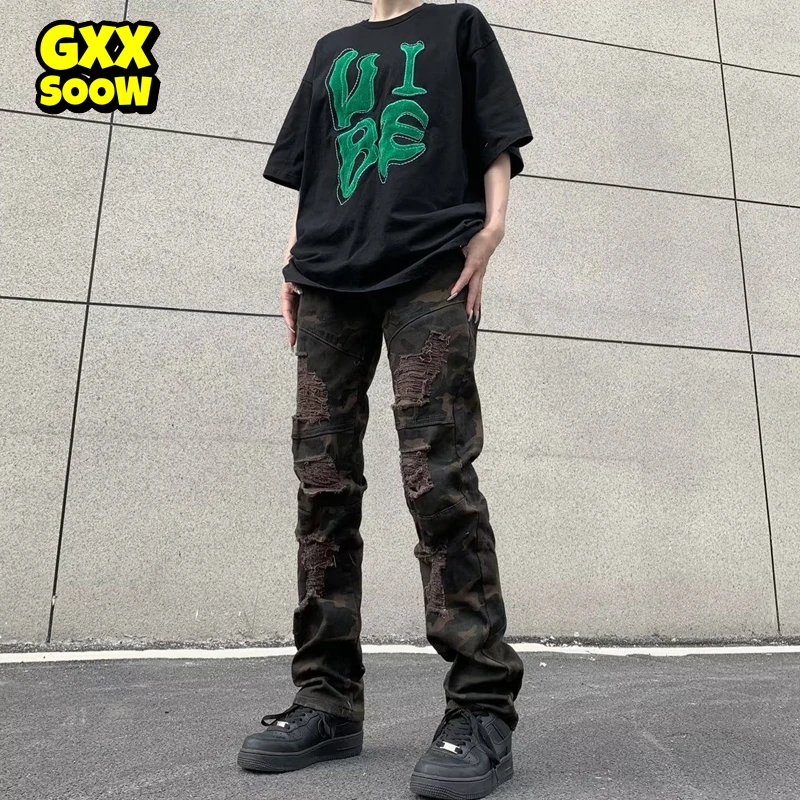 

2022 Camouflage Jeans Men High Street Ripped Hole Denim Trousers Jean Streetwear Casual Man Women Pants Hip Hop