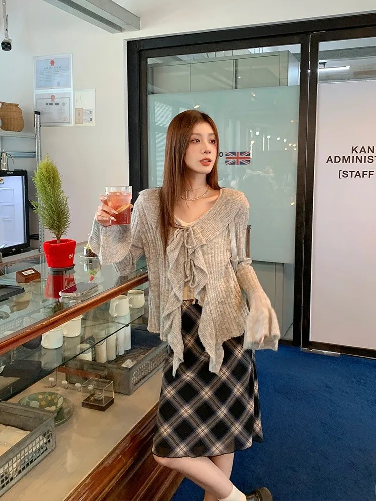 

ay Lace Trim Knitted Sweater Women's Split Design Slimming Small irt Yang PaoPao Commute Sle Fitted Nylon Blend Long Sl...