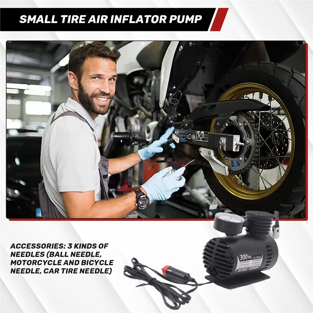 11.1112V Small Car Tire Air Pump Inflator Wired Electric Air Compressor with 3 Needles for Cars Bicycles Motorcycles Kayaks