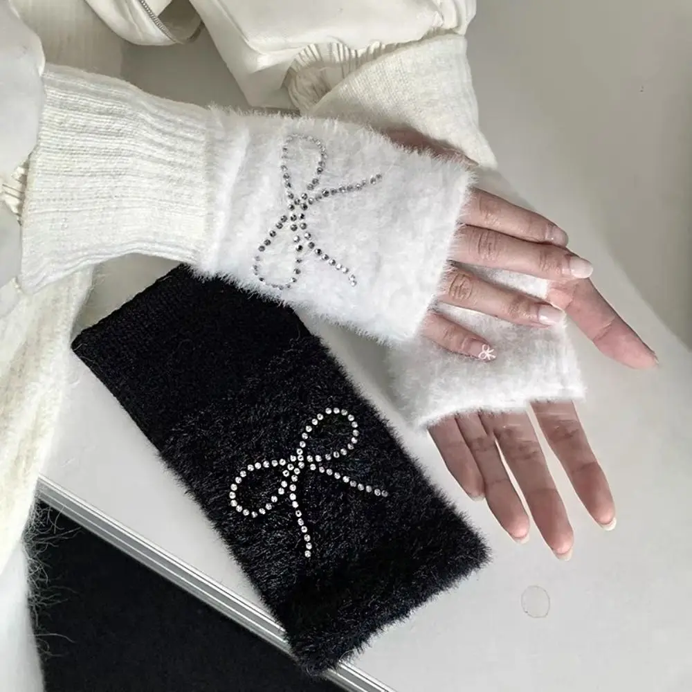 Fashion Bow Gloves Hotfix Rhinestone Solid Color Knitted Gloves Fingerless Korean Style Half Finger Mittens Cycling