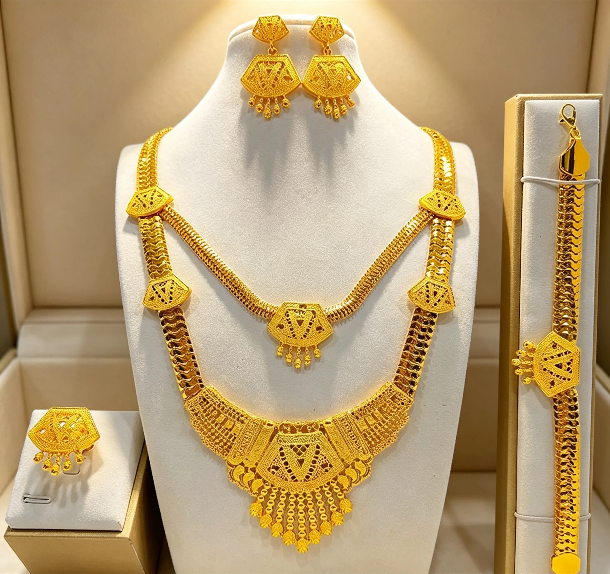 Juego de joyas de oro amarillo 9999, que incluye collar largo, pulsera, anillo y pendientes. Ideal para bodas o como regalo para un amigo.