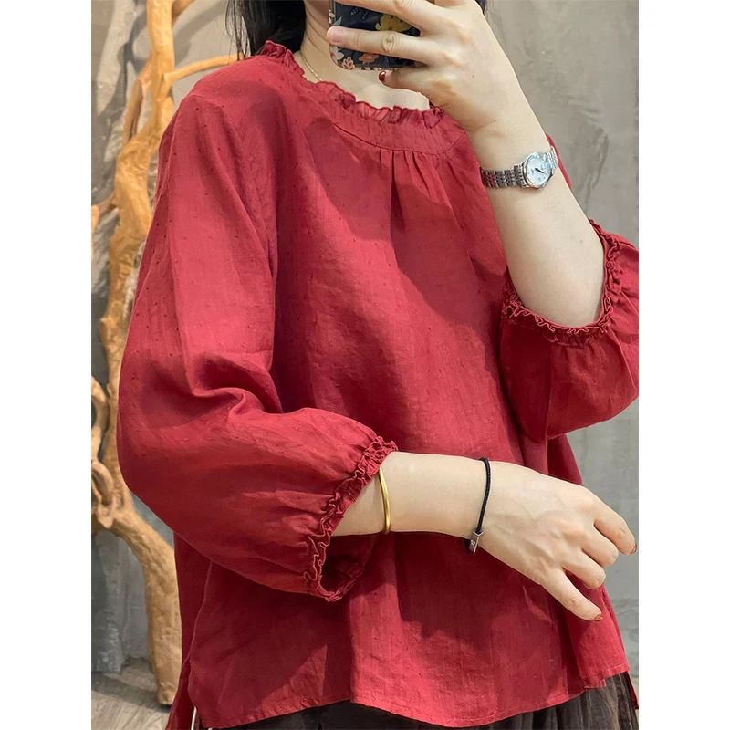 Women Summer Simplicity Loose Elegant Solid Color Cotton O-neck 3/4 Sleeve Shirts Women Clothes Casual All-match Sexy Top Tee