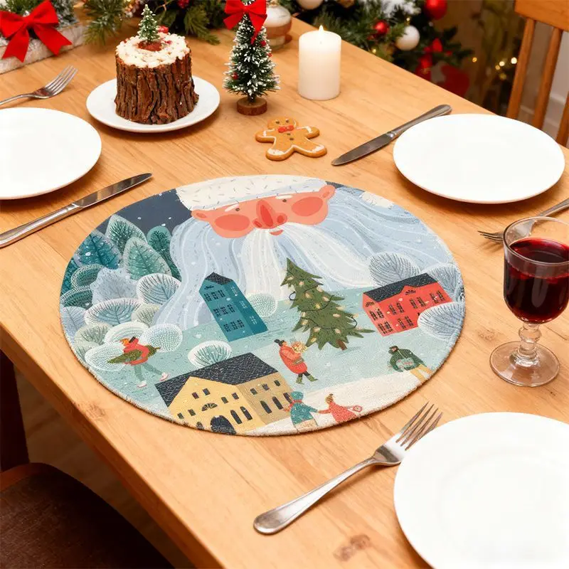 VIKAMA Round Santa Claus Village Town Christmas Table Mat Placemat Kitchen Decor Dining Room Festive Soft Durable Cozy Aesthetic