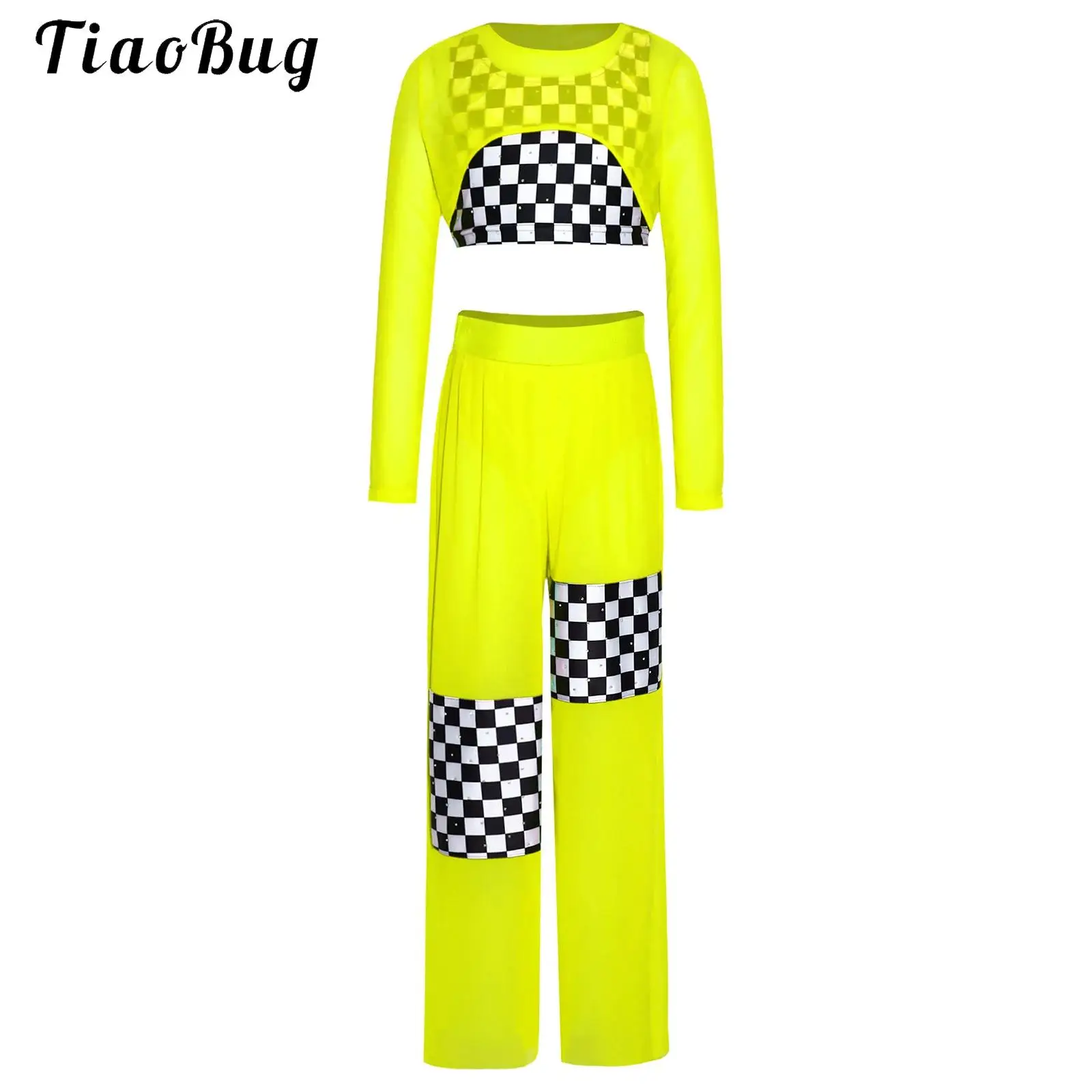 Kids Girls Racing Suit Race Car Driver Costume Cheerleading Hip Hop Jazz Streewear Checkerboard Print Vest +Mesh Crop Top +Pants