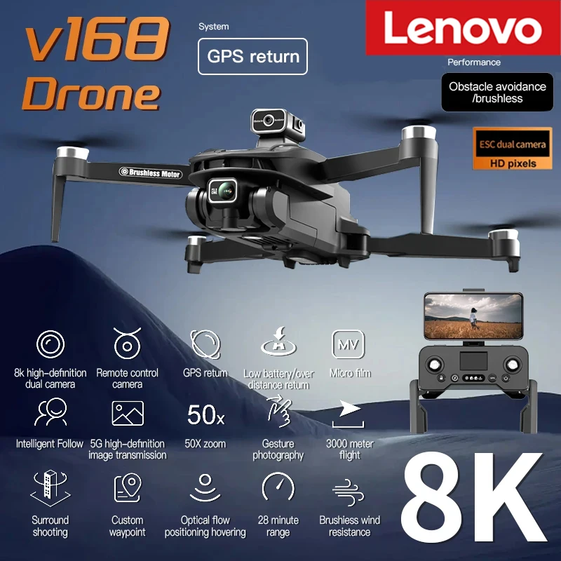 Lenovo V168 Drone 8K 5G GPS bezszczotkowy silnik optyczny pozycjonowanie przepływu przeszkód profesjonalna fotografia lotnicza HD podwójny aparat