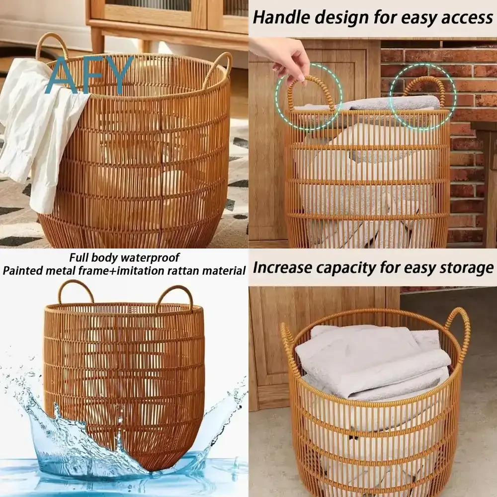 Imitation Rattan Dirty Clothes Basket for Bedroom Bathroom Laundry Storage Large Organizational Clothes Basket with Handles