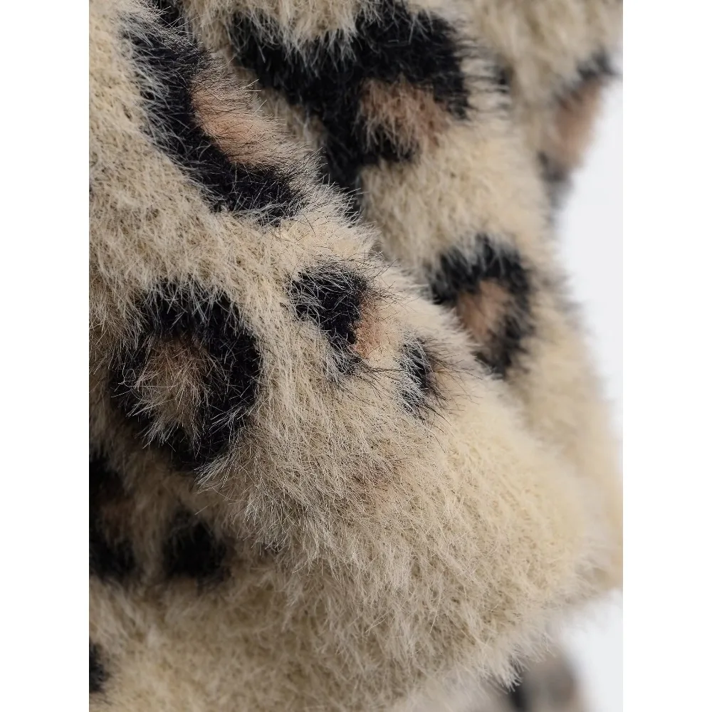 Women Stylish Faux Fur Animal Print Knit Jumper Elegant Chic Round Neck and Long Sleeves Leopard Sweater Autumn Casual Knitwears