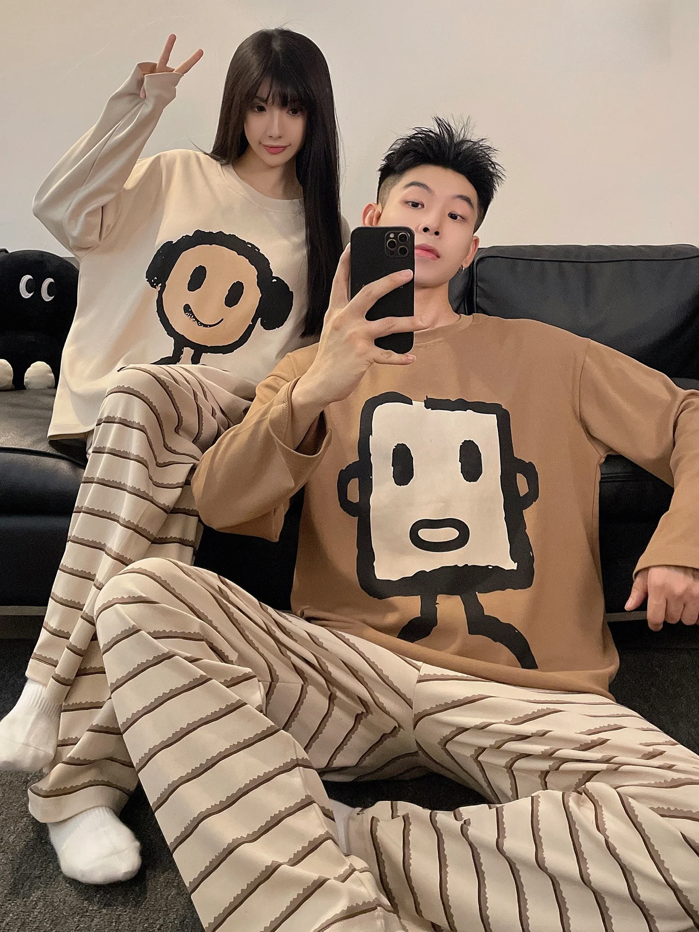 Couples Sleepwear Loose Long Sleeve Overhead Cartoon Home Clothes Cotton Spring Autumn Casual Couples Pyjamas Home Suit