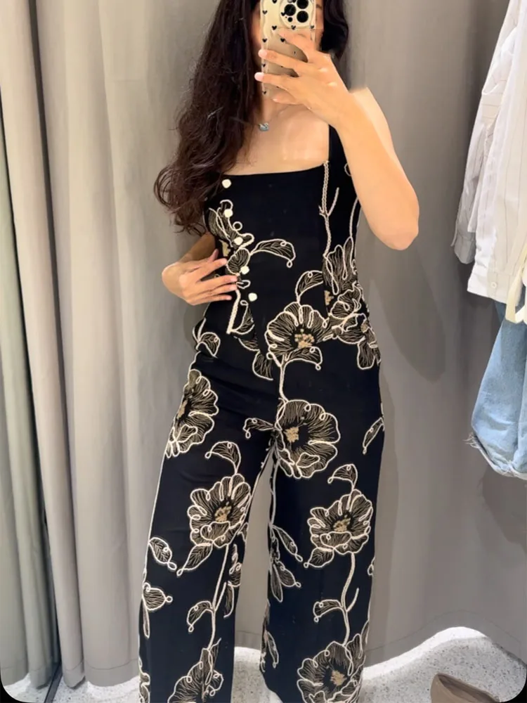 HH Woman Fashion Casual Side Pocket Zipper Chic Jumpsuits Women Single-Breasted Flower Embroidered Decoration Jumpsuits