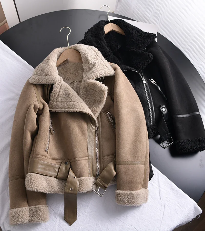 

2025 Winter Women Thick Warm Suede Lamb Jacket Short Motorcycle Brown Coats Faux Shearling Sheepskin Leather Jackets Outwear