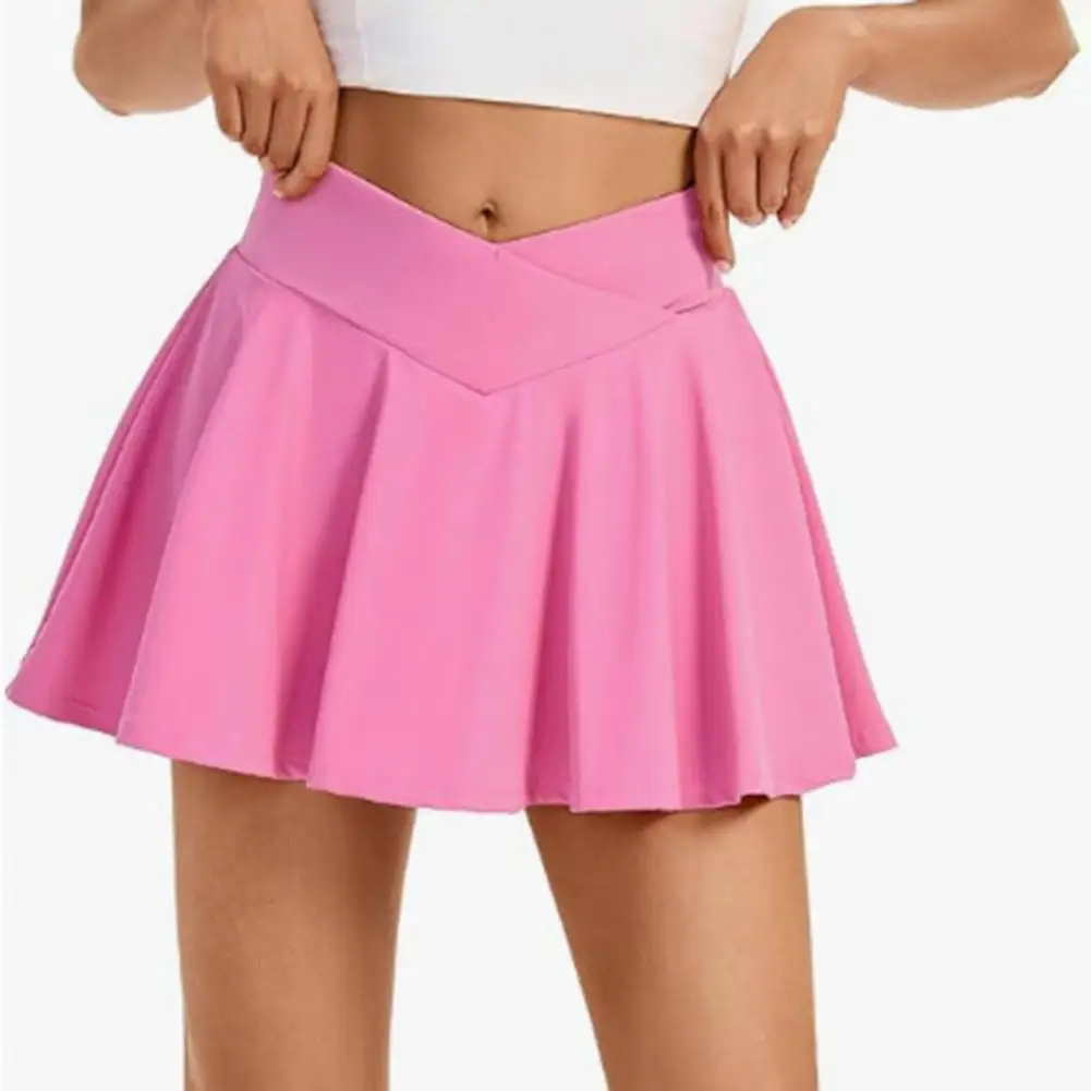 Summer Sexy Women Yoga Skort A-Line Sport Pants Skirt With Phone Pocket Liner Solid Color Skater Dance Safety Skirt