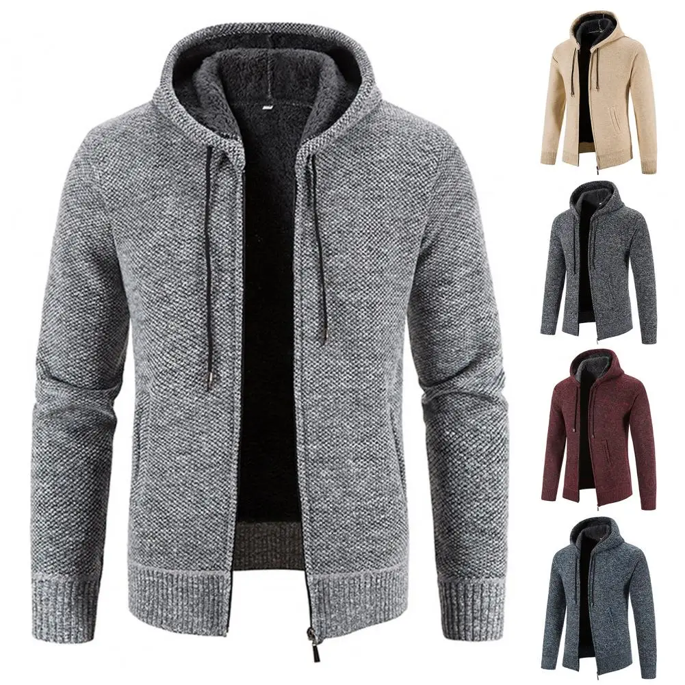 Men Sweater Coat Solid Color Zipper Hooded Drawstring Long Sleeves Keep Warm Mid Length Plus Size Men Winter Coat Male Clothes