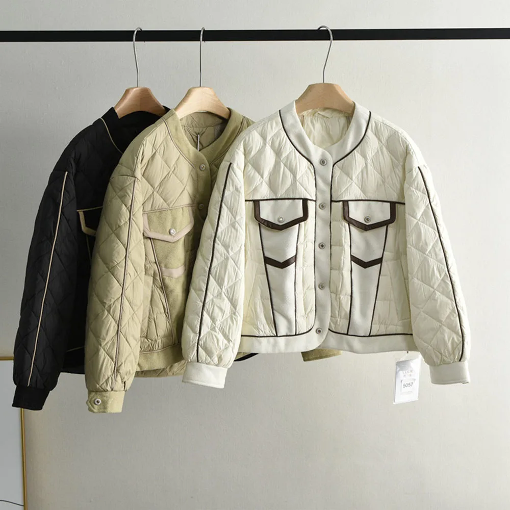 New Rhombus Pattern Down Jacket Color Block Down Coat Loose Fit Short Jacket Single Breasted Casual Jacket Top Women Down Coat