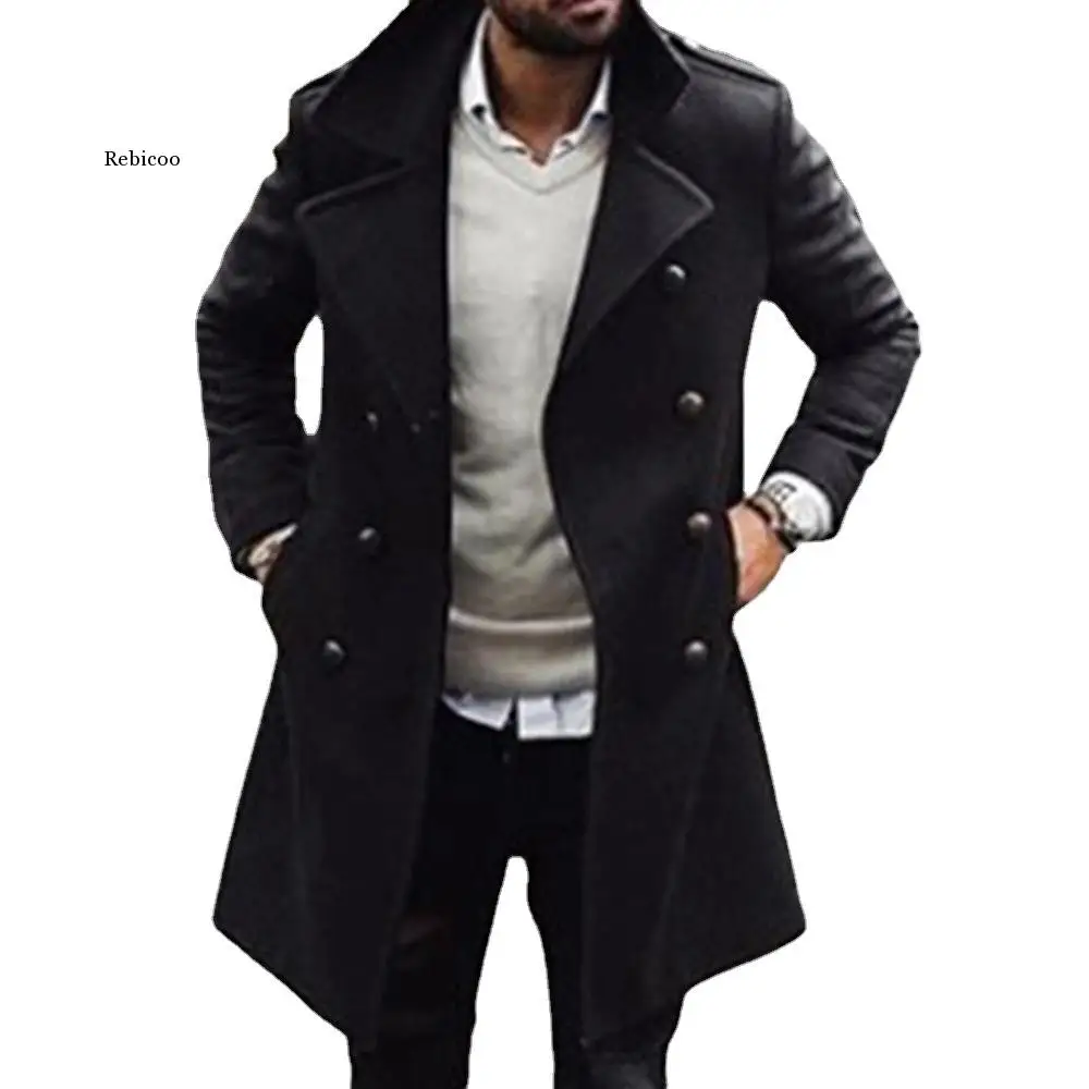 

Fashion Men Woolen Coat Winter Double-breasted Black Youth Woolen Coat Male Long Sleeve Lapel Overcoat Cardigan Outwear Tops