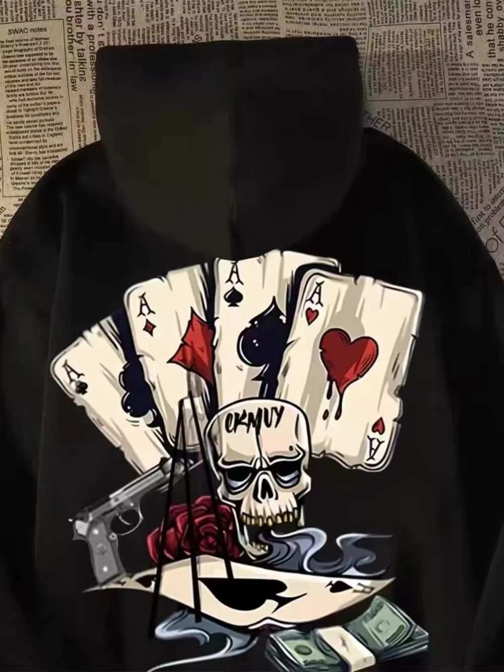 

2025 New High-quality American Dark Skull Poker Print Hooded Sweater Men's and Women's Loose Large Size Sports Hoodie Top