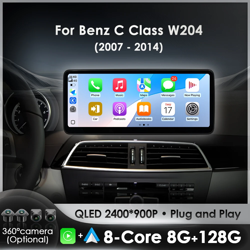 

Мультимедийный проигрыватель для Mercedes Benz C W204 2011-2014, Android 16, навигация GPS, беспроводной CarPlay, 4G, Wi-Fi, QLED экран
